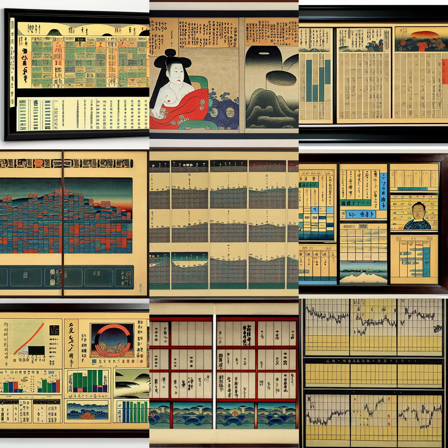 Prompt: dashboard with various financial time series charts, bar charts and metrics, diego rivera with Ukiyo-e influence, HD