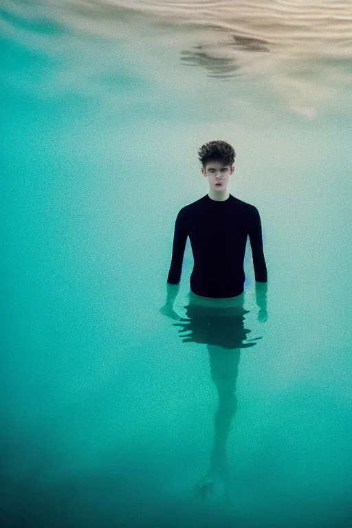 Prompt: high quality pastel coloured film mid angle docu photograph of a beautiful young 2 0 year old male, soft features, short black hair, swimming, submerged in an icelandic black rock pool environment. atmospheric. three point light. photographic. art directed. ( pastel colours ). volumetric light. clearcoat. waves glitch. 8 k. filmic.