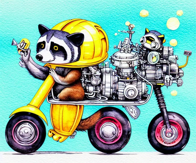 Image similar to cute and funny, racoon wearing a helmet riding in a tiny streetrod with oversized engine, ratfink style by ed roth, centered award winning watercolor pen illustration, isometric illustration by chihiro iwasaki, edited by range murata, tiny details by artgerm and watercolor girl, symmetrically isometrically centered