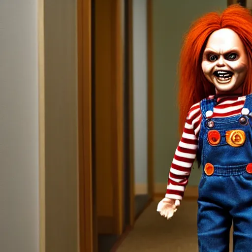 Prompt: chucky the killer doll standing in the hallway