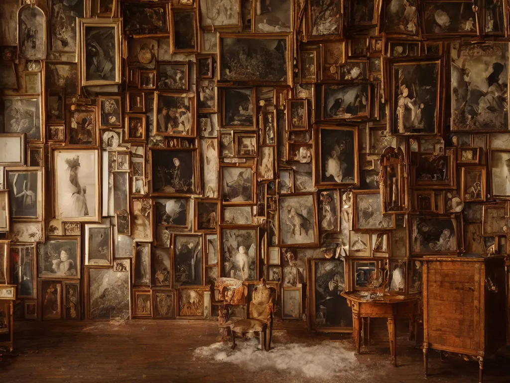 Prompt: the walls of an old victorian cabinet of curiosities full of georgian lover's eyes, eye miniature, shadowed room, small windows, volumetric light, dust, richard cosway, george engleheart, norbert ghisoland, gregory crewdson, erwin olaf, 4 k,