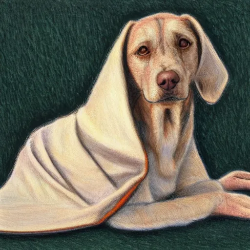 Image similar to a painting of a dog wrapped in a blanket, a color pencil sketch by robert bateman, tumblr contest winner, furry art, tarot card, pre - raphaelite, storybook illustration