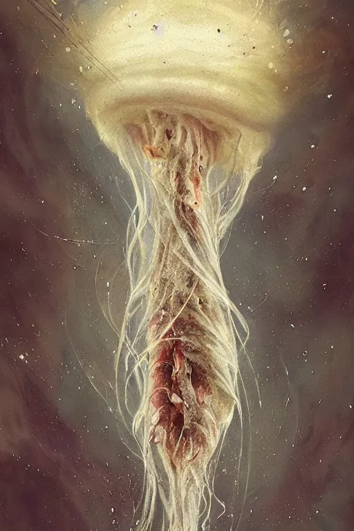 Prompt: the look of an elderly person full of wrinkles and imperfections comes out of a tornado jellyfish by artgem and greg rutkowski, highly detailed, high contrast, light reflection, trippy, nebula, trending on artstation