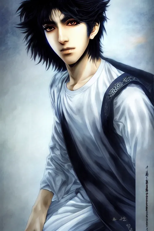 Image similar to beautiful medium shot manga portrait of a young arabic man inspired by ayami kojima with short hair dressed with a white t - shirt, white background white bank studio light, art by yoshitaka amano and shingo tamagawa, sharp focus, high quality, 8 k