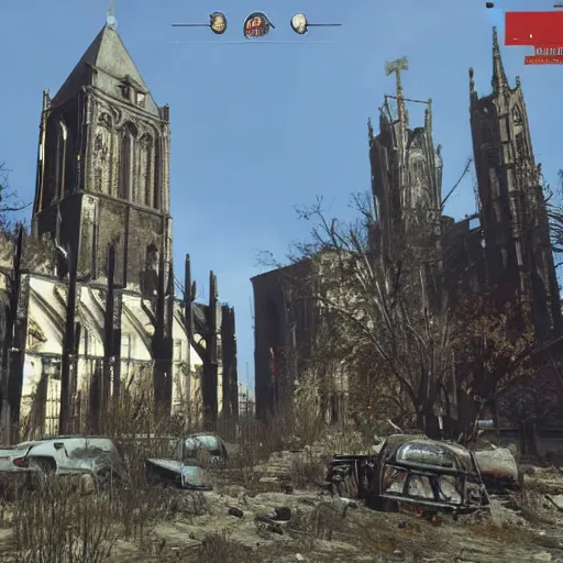 Prompt: Aachen Cathedral in ruins post-nuclear war in Fallout 4, in game screenshot