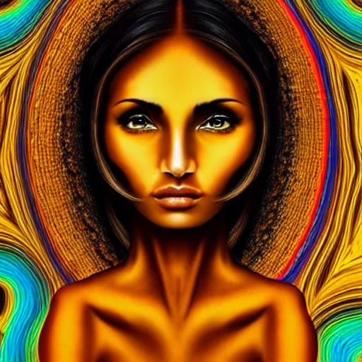 Image similar to tan latina woman, landscape, entering fourth dimension, third eye, prominent rosy cheek bones, black hair and brown eyes, psychedelic di vinci art style,