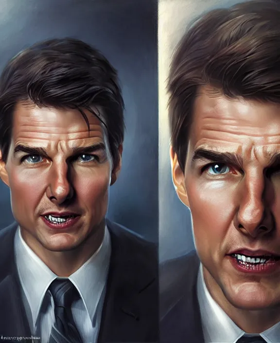 Prompt: portrait of tom cruise as a psychopathic lawyer for the church of scientology, art by denys tsiperko and bogdan rezunenko and tom bagshaw, hyperrealism