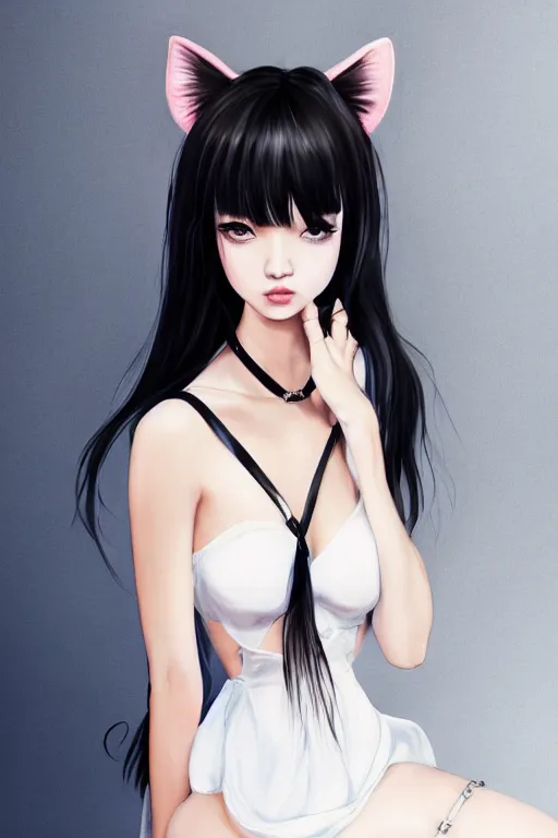 Prompt: realistic detailed semirealism beautiful gorgeous cute Blackpink Lalisa Manoban wearing white wet silky dress, black hair black cat ears, black leather choker, proportional body, WLOP, Aztodio, Taejune Kim, sakimichan, ArtGerm, Pixiv, Instagram, Artstation