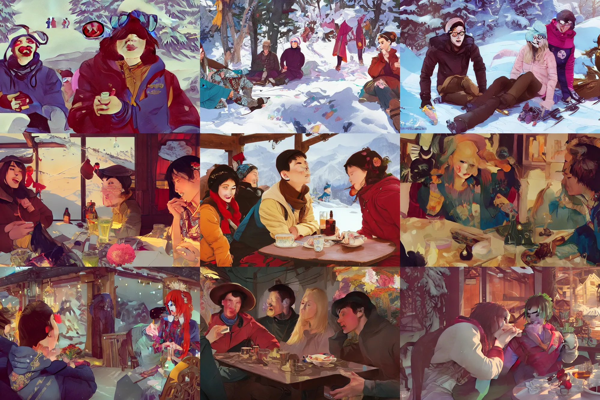 Prompt: a cinematic joyous closeup moment of two school friends enjoying life in a ski cafe and visiting wearing boho clothing peonies, boy girl traditional romance, full body illustration, incredible art by wong kar wai and artgerm and greg rutkowski and alphonse mucha and simon stalenhag and doja cat and charlie bowater