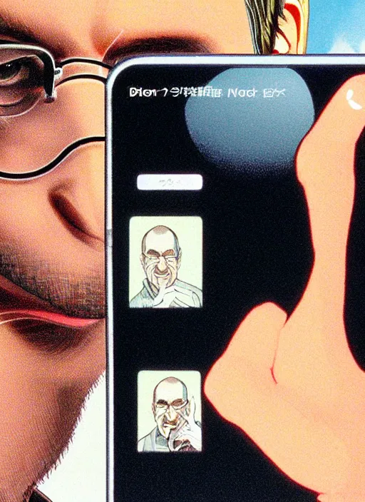 Image similar to steve jobs revealing the iphone at wwdc, manga 8 k, color, by katsuhiro otomo and hiroya oku and makoto yukimura