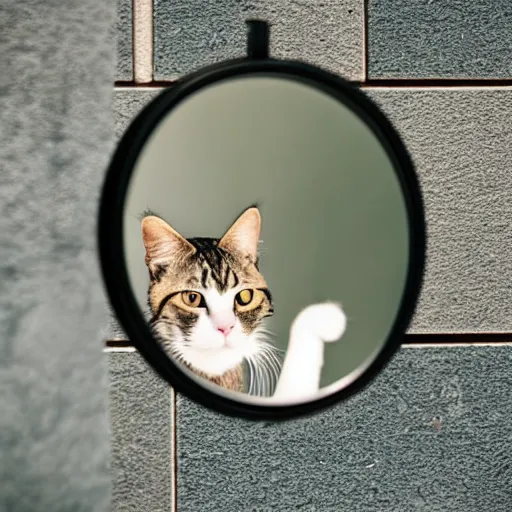 Prompt: professional photograph of a cat looking in a mirror