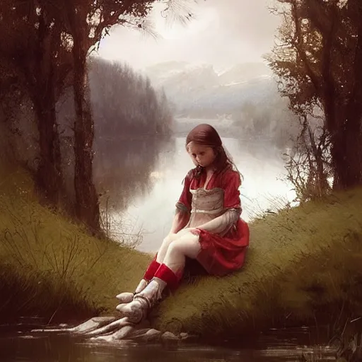 Prompt: Cute young Harpy girl, wearing medieval clothes, sad expression, sitting at a pond, mountainous area, trees in the background, oil painting, by Greg Rutkowski