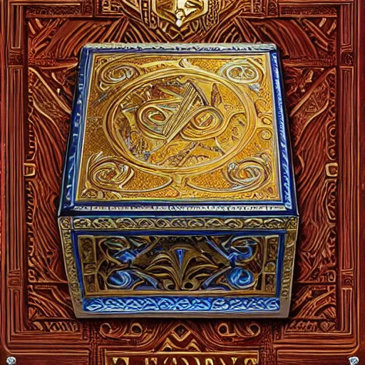 Image similar to a beautiful and vivid and colorful andreas rocha magic the gathering fantasy illustration of a beautiful engraved wooden pandora's box with inlaid jewels and gold filigree scrollwork.