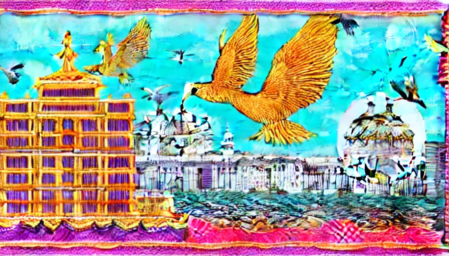 Prompt: a stand-alone building along a river, seen from the long distance. maximalist mixed media paper and baroque embroidery fabric collage. huge flamish baroque birds flying. childrenbook illustration in vibrant pastel tones. matte background. HD 8x