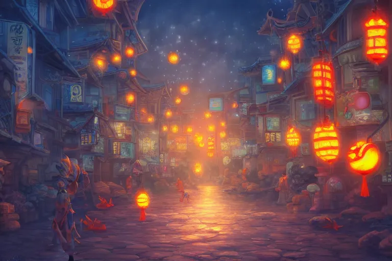 Prompt: fantasy art of glowing goldfish swimming in the air, in the streets of a japanese town at night, with people watching in wonder, by tyler edlin, highly detailed digital art, trending on artstation