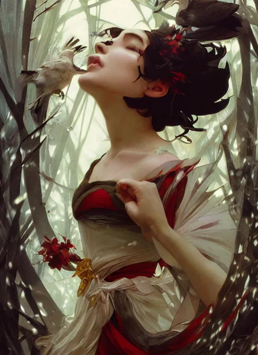 Image similar to portrait of snow white, birds, white spike aura in motion, floating pieces, painted art by tsuyoshi nagano, greg rutkowski, artgerm, alphonse mucha, spike painting