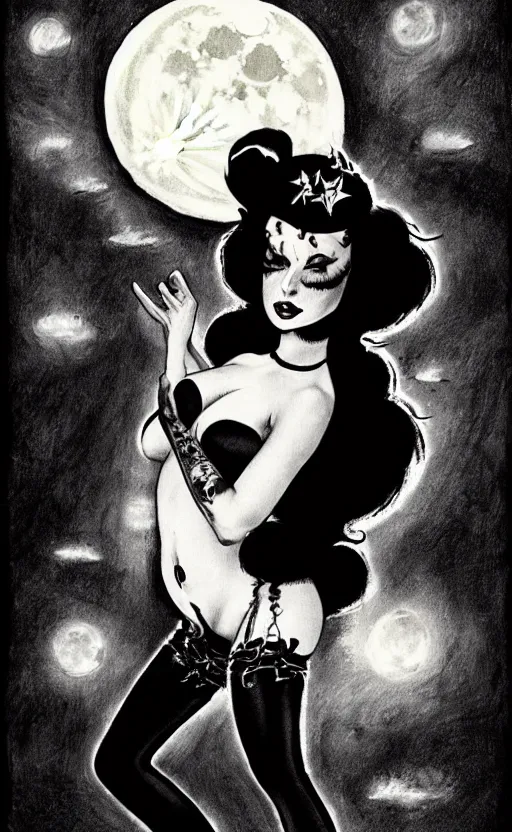 Prompt: goth girl with a detailed face and black hair below with a full moon above in the sky, burlesque psychobilly, rockabilly, punk, white background, drawing, illustration by frank frazetta