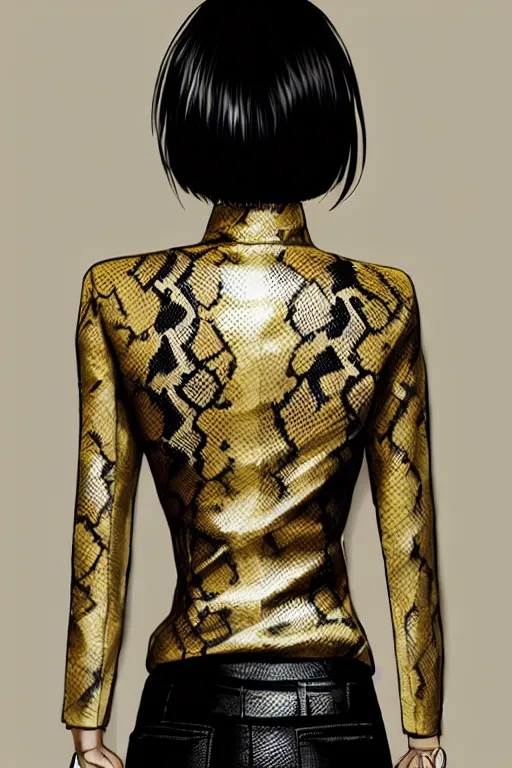 Image similar to yakuza slim girl, gold suit jacket in snake print, jacket over bare torso, yakuza tattoo on body, black short curtain haircut, black leather pants with black belt, portrait, elegant, 2d, ultra highly detailed, digital painting, smooth, sharp focus, artstation, art by Ilya Kuvshinov, rossdraws