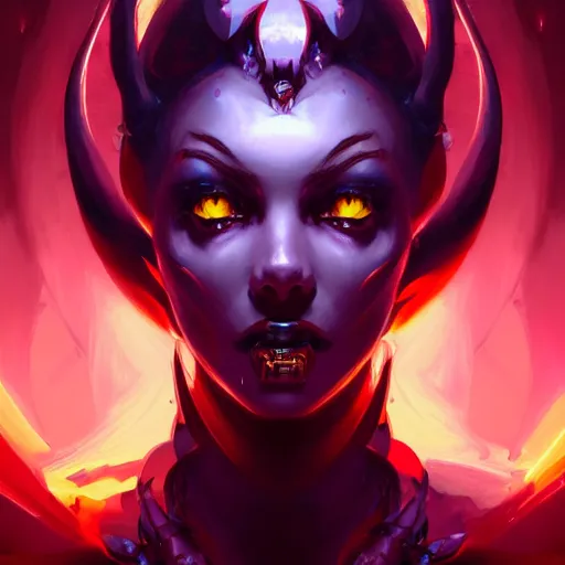 Image similar to a portrait of a beautiful demonic cybernetic queen of hell, cyberpunk concept art by pete mohrbacher and wlop and artgerm and josan gonzales, digital art, highly detailed, intricate, sci-fi, sharp focus, Trending on Artstation HQ, deviantart, unreal engine 5, 4K UHD image