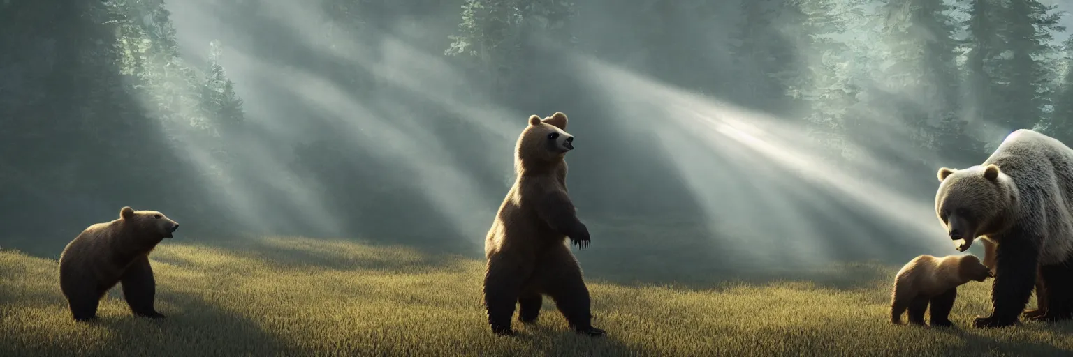 Image similar to an old woman fighting a bear, octane render, crepuscular rays