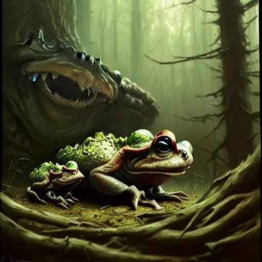 Prompt: evil toads in the forest, highly detailed, realistic, greg rutkowski