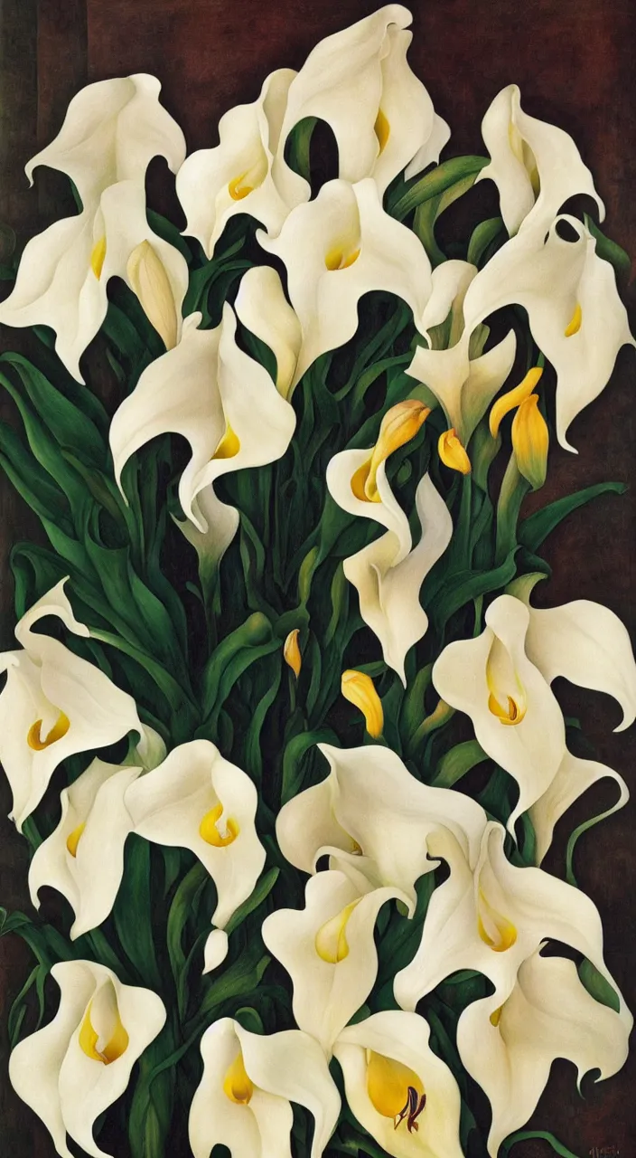 Image similar to portrait of a cream colored havanese dog with a bouquet of calla lillies, mexico, painting by diego rivera realism aztec modernism 1 9 3 5