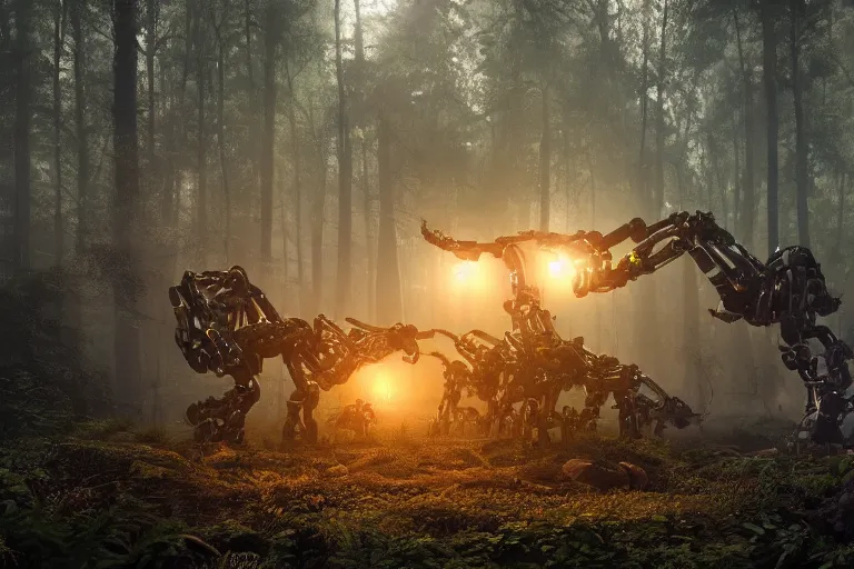 Image similar to 1 0 0 0 0 robots fighting in the forest, hyper realistic, ambient lighting, concept art, intricate, hyper detailed, smooth, dynamic volumetric lighting, octane, raytrace, cinematic, high quality, high resolution, 4 k, h. r. giger