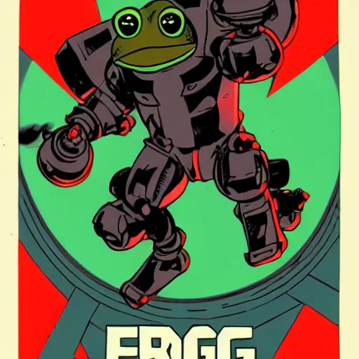 Image similar to Frog in wearing frog power armor flying with a jetpack artwork by Mike Mignola