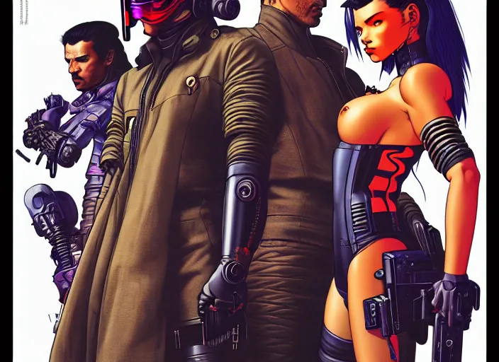 Image similar to cyberpunk samurai team. portrait by stonehouse and mœbius and will eisner and gil elvgren and pixar. character design. realistic proportions. cyberpunk 2 0 7 7 character art, blade runner 2 0 4 9 concept art. cel shading. attractive face. thick lines. the team. diverse characters. artstationhq.