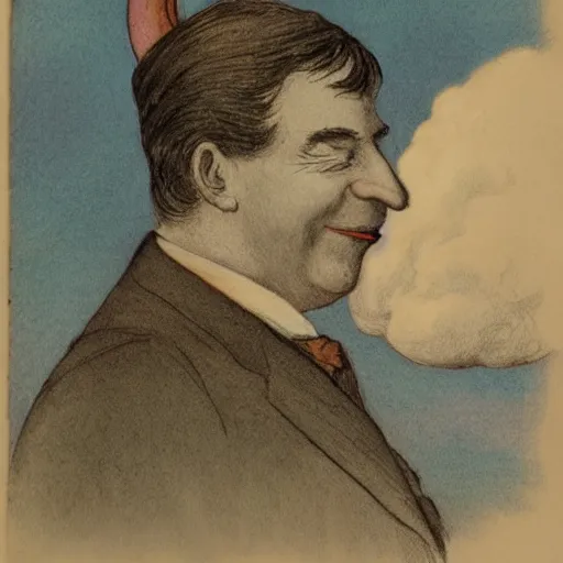 Image similar to crescent moon with man face smiling portrait, side view, surrounded by clouds, illustrated by peggy fortnum and beatrix potter and sir john tenniel