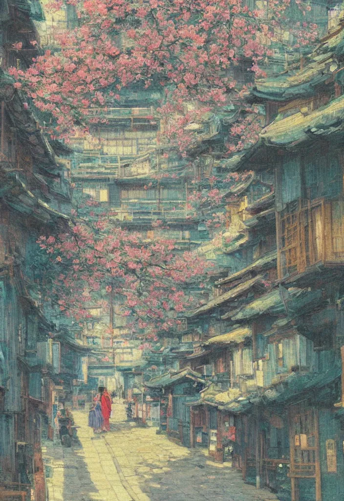 Prompt: a beautiful japanese city near the sea, amazing ryokans and gorgeous edo era houses, epic cyberpunk, lofi vibe, colorful, vivide colors, oil painting in impressionist style, by jeremy lipkin, by claude monet, by makoto shinkai, multiple brush strokes, inspired by ghibli, masterpiece, beautiful