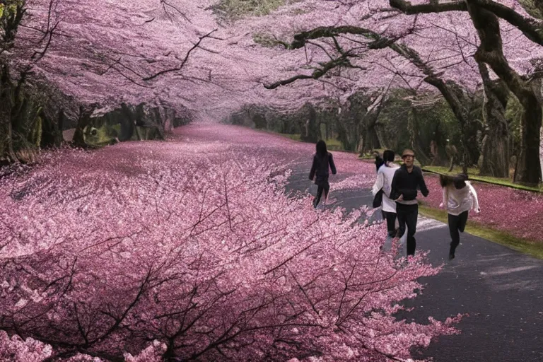 Image similar to vfx movie scene closeup japanese couple running through cherry blossom forest, natural lighting by emmanuel lubezki