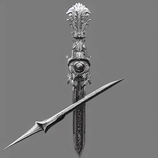 Image similar to a black long sword skull crest, orthographic, ornament, weapon, a 3 d render by dom qwek, trending on polycount, artstation, hard surface modeling, rendered in maya, 3 ds max, blender, hd, vray