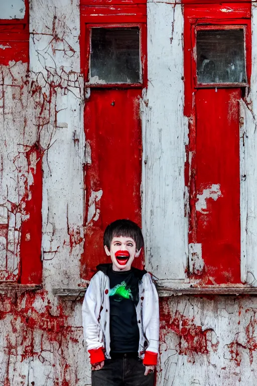 Prompt: A child full of teeth sprouting randomly all over his body except in his rotting mouth, within a room with 3 red windows