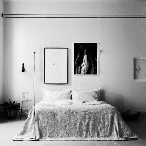 Prompt: a minimalist mockup photo with large blank frame, in a white clean boho style interior, all smooth white walls, trending on pinterest