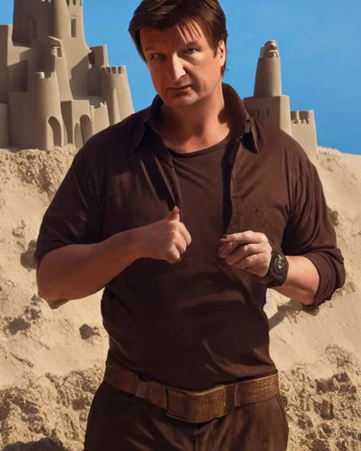 Prompt: nathan fillion as a sandcastle, beautiful composition, cinematic lighting