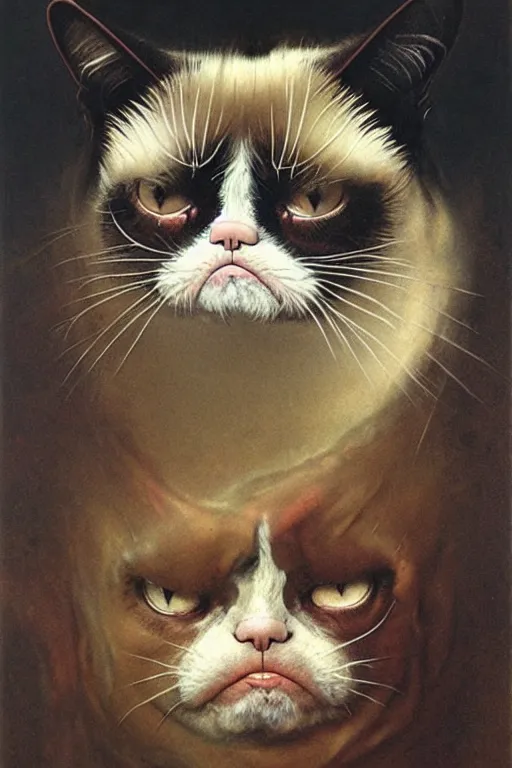 Prompt: portrait of grumpy cat in the style of wayne barlowe, gustav moreau, goward, bussiere, roberto ferri, santiago caruso, luis ricardo falero, austin osman spare