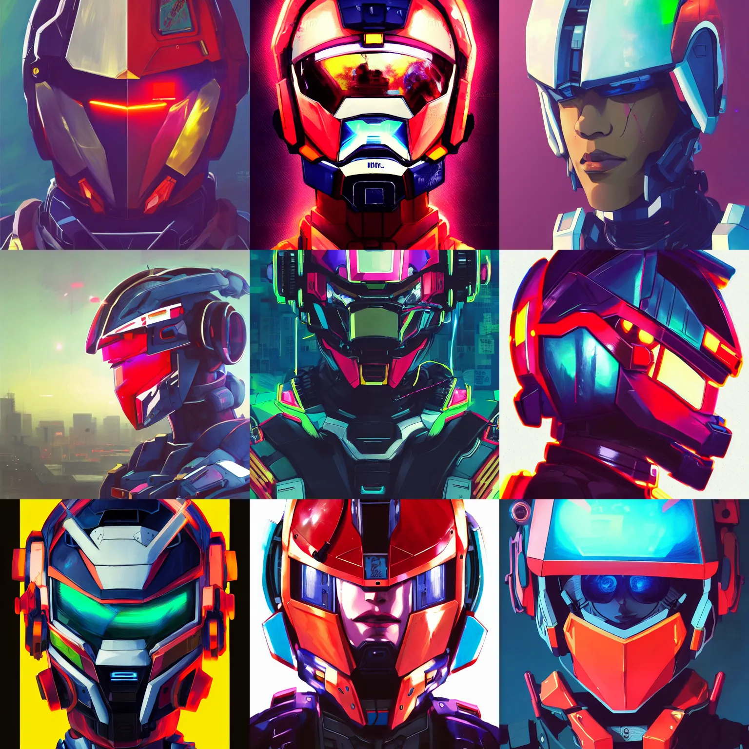 Prompt: anime manga cyberpunk nigerian male athletic gundam pilot portrait with an intricate futuristic urban inspired helmet, hyperrealistic oil painting, by makoto shinkai and ilya kuvshinov and lois van baarle and rossdraws and basquiat, trending on artstation, cmyk, chromatic aberration, bright neon color palette,