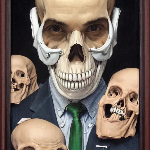 Image similar to portrait of a suited man with medical gloves and a skull mask, by Gerald Brom and Norman Rockwell