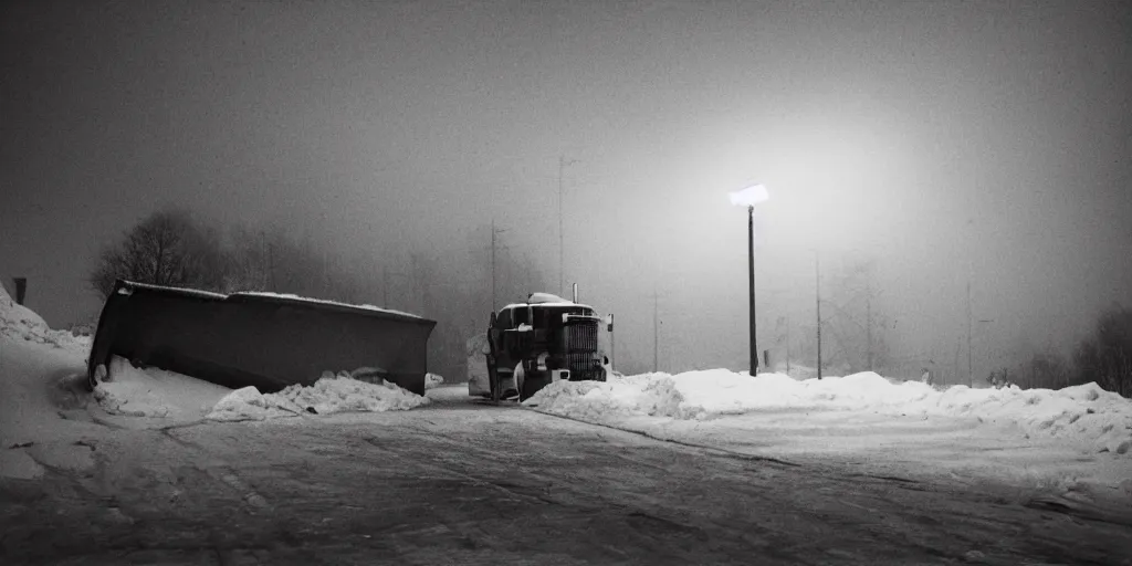 Image similar to photo, big snow plow truck is in the distance with a bright headlighta. cold color temperature, snow storm. hazy atmosphere. humidity haze. kodak ektachrome, greenish expired film, award winning, low contrast,