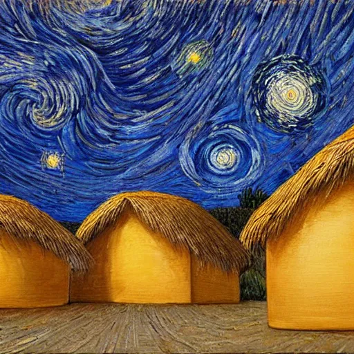 Image similar to Painting by Greg Rudkowski, A large ceramic jar with gold ornaments flies high in the starry night sky above small huts under thatched roofs