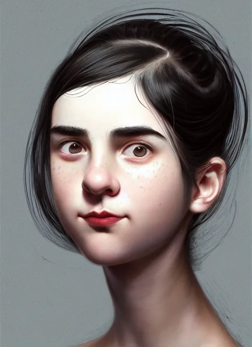 Image similar to portrait of teenage girl, narrow face, black hair and eyebrows, bangs, half updo hairstyle, buck teeth, unattractive, defined jawline, long chin, smile, hair bow, intricate, elegant, glowing lights, highly detailed, digital painting, artstation, concept art, sharp focus, illustration, art by wlop, mars ravelo and greg rutkowski