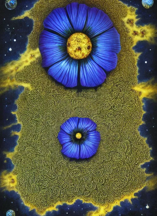 Image similar to detailed, intricate blue black and purple papaverum flower on the field, nebula, galaxy in the sky, winning award masterpiece, fantastically beautiful, illustration, aestheticly inspired, jacek yerka, upscale with anguissola sofonisba work, artstation, 8 k