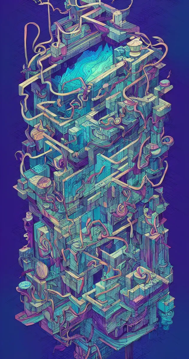 Image similar to arcane twisted turn of fate abstraction, centered award winning ink pen illustration, isometric abstract illustration by dan mumford, edited by craola, technical drawing by beeple and tooth wu, tiny details by artgerm and watercolor girl, symmetrically isometrically centered