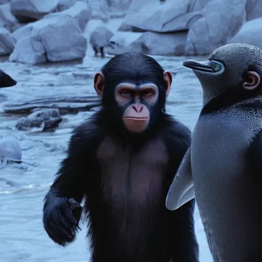 Image similar to planet of the apes but the apes are replaced with robot penguins 4k realistic intricate