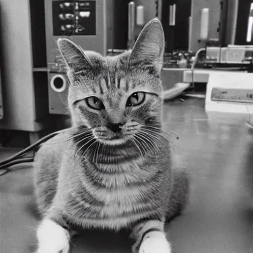 Prompt: scientist cat working at the chernobyl nuclear power plant, cat in lab - coat, black & white photo