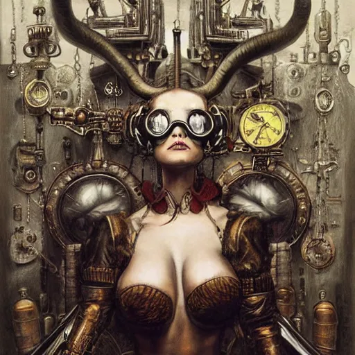 Prompt: a hyperrealistic painting of a beautiful woman with demonic horns wearing steampunk goggles and ornate leather armor, surrounded by evil entities, by santiago caruso, highly detailed,