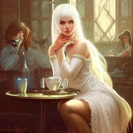 Prompt: a beautiful girl with white hair and bangs, sitting in a cafe, fantasy, intricate, elegant, highly detailed, digital painting, artstation, concept art, matte, sharp focus, illustration, art by Artgerm and Greg Rutkowski and Alphonse Mucha