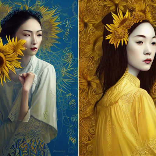 Prompt: taiwanese lady in white embroidered shirt, ukrainian national costume, filigree crown with blue and yellow textile embroidery sunflowers, intricate, elegant, digital painting, art nouveau, smooth, focus, rim light, charlie bowater, tom bagshaw, greg rutkowski