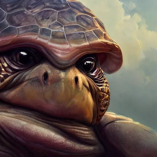 Image similar to amazingly beautiful portrait of a hyper realistic mitch mcconnell as a turtle / tortoise, as an anthropomorphic turtle, painted by greg rutkowski, artgerm, beautiful lighting, masterpiece, epic, 4 k